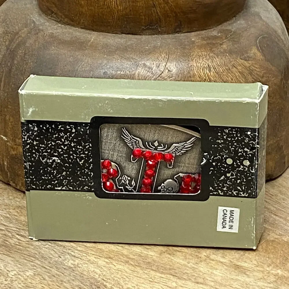 RTB Real Tough B itch Belt Buckle Red Bling New in Box Skull Biker Babe Wings